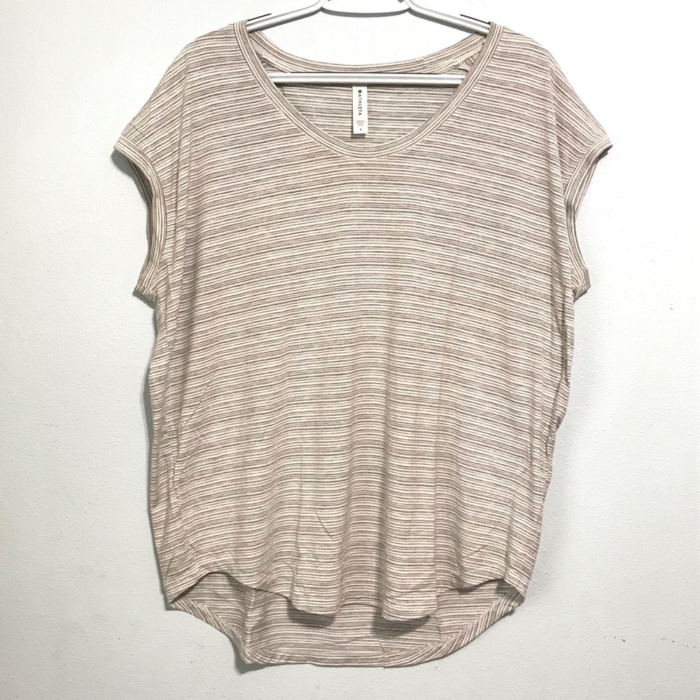 Athleta Shirt Womens Size L White with Gray Stripes Short Sleeve Exercise Top